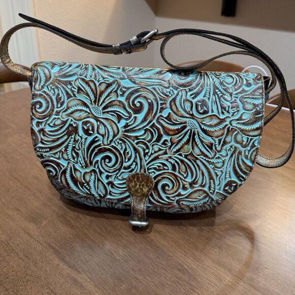 Patricia Nash Rosolini Tooled Leather Saddle Bag Turquoise Brown Crossbody Boho - Picture 1 of 16
